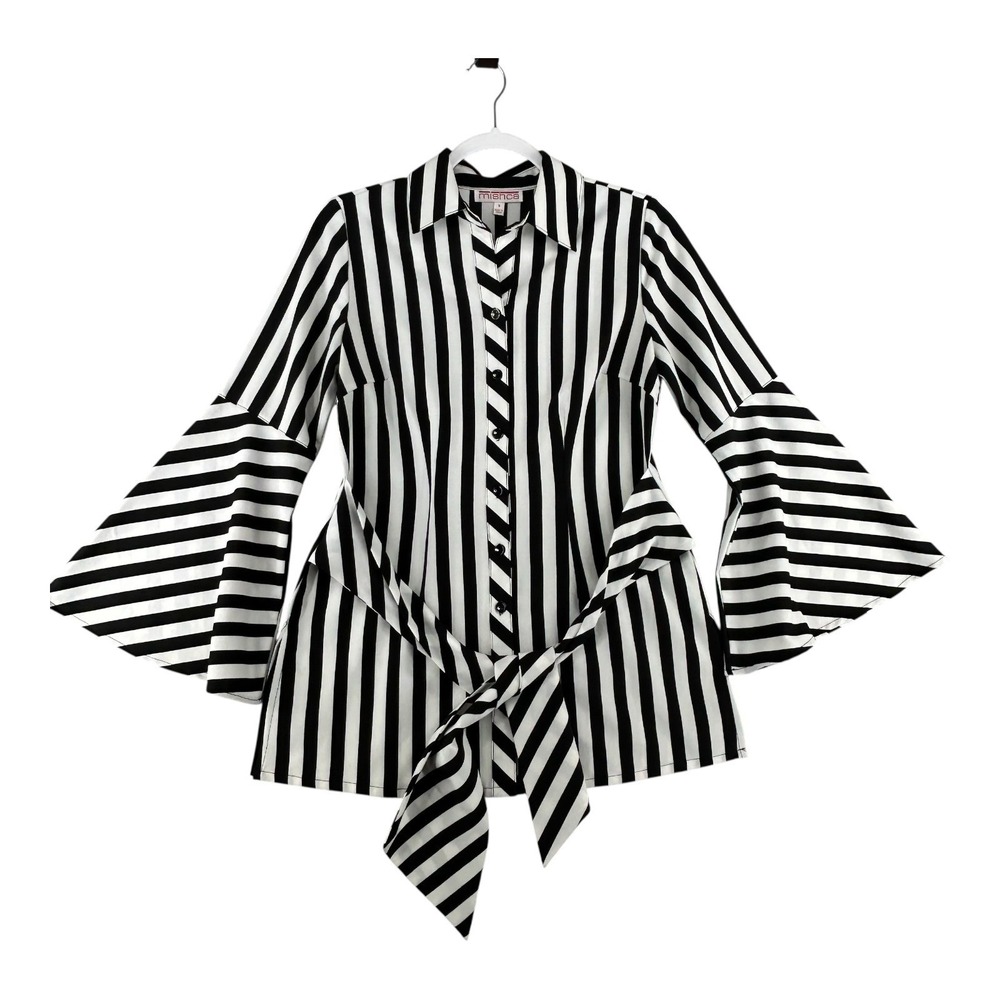 Mishca Striped Top Womens Small‎ Bell Sleeve Button Up Blouse With Tie Waist